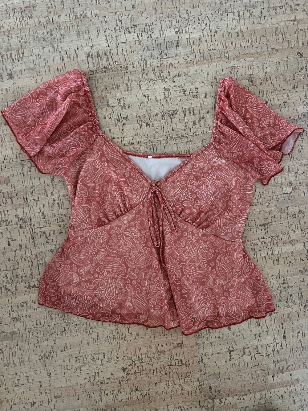 Women's Rust Paisley Tie-Front Peplum Top